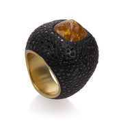 Todd Reed Ring with fancy cut diamond (6.56ct) and black diamonds (3.47ct) in 18k yellow gold and aluminum.